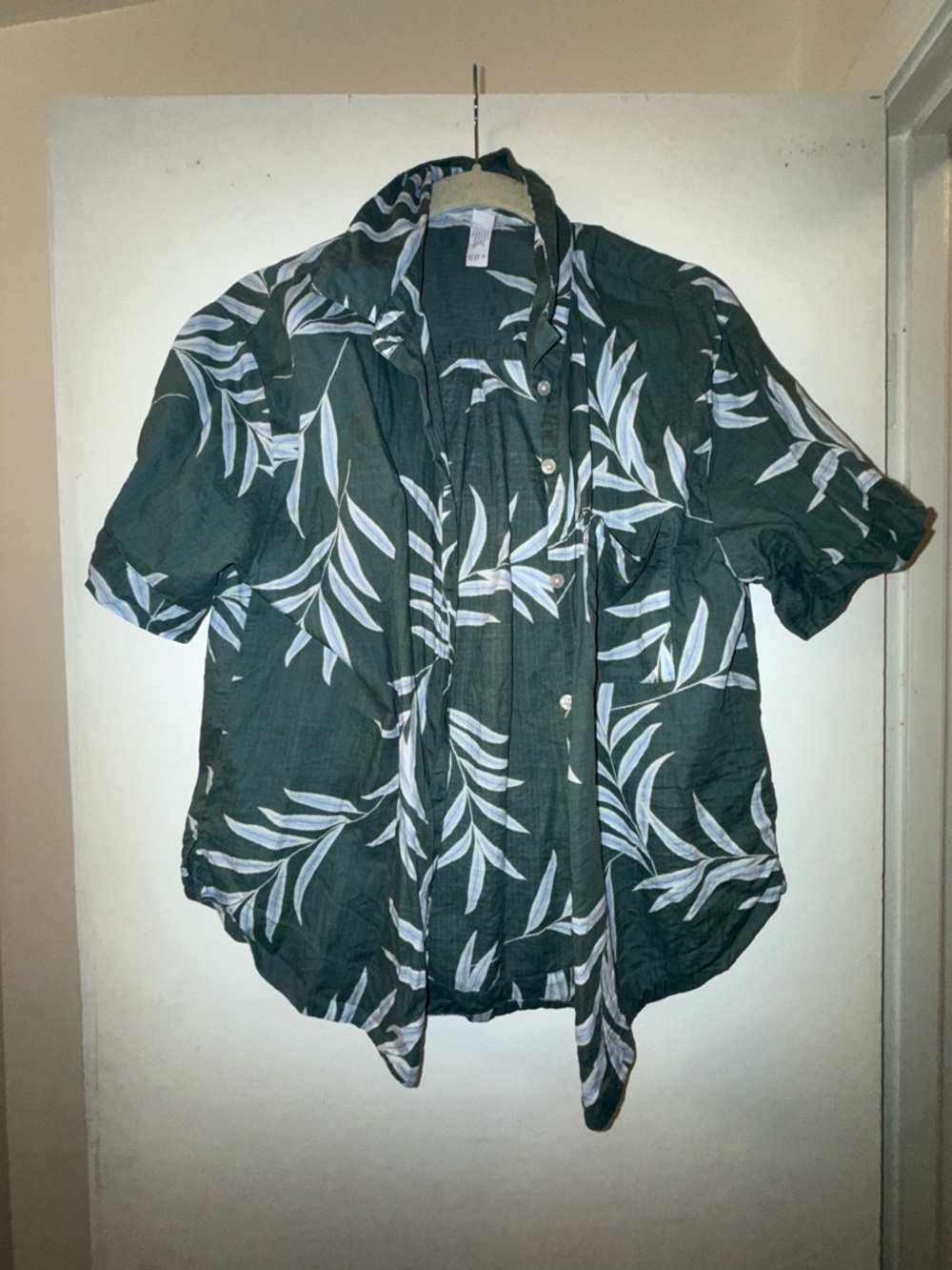 stars above Dark Green Tropical Leaf Shirt with Light Blue Accents